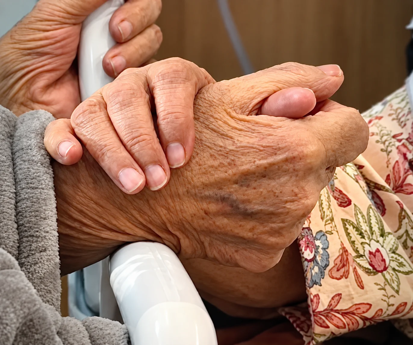 A caregiver's hands gently holding an elderly person's hand during a companionship visit